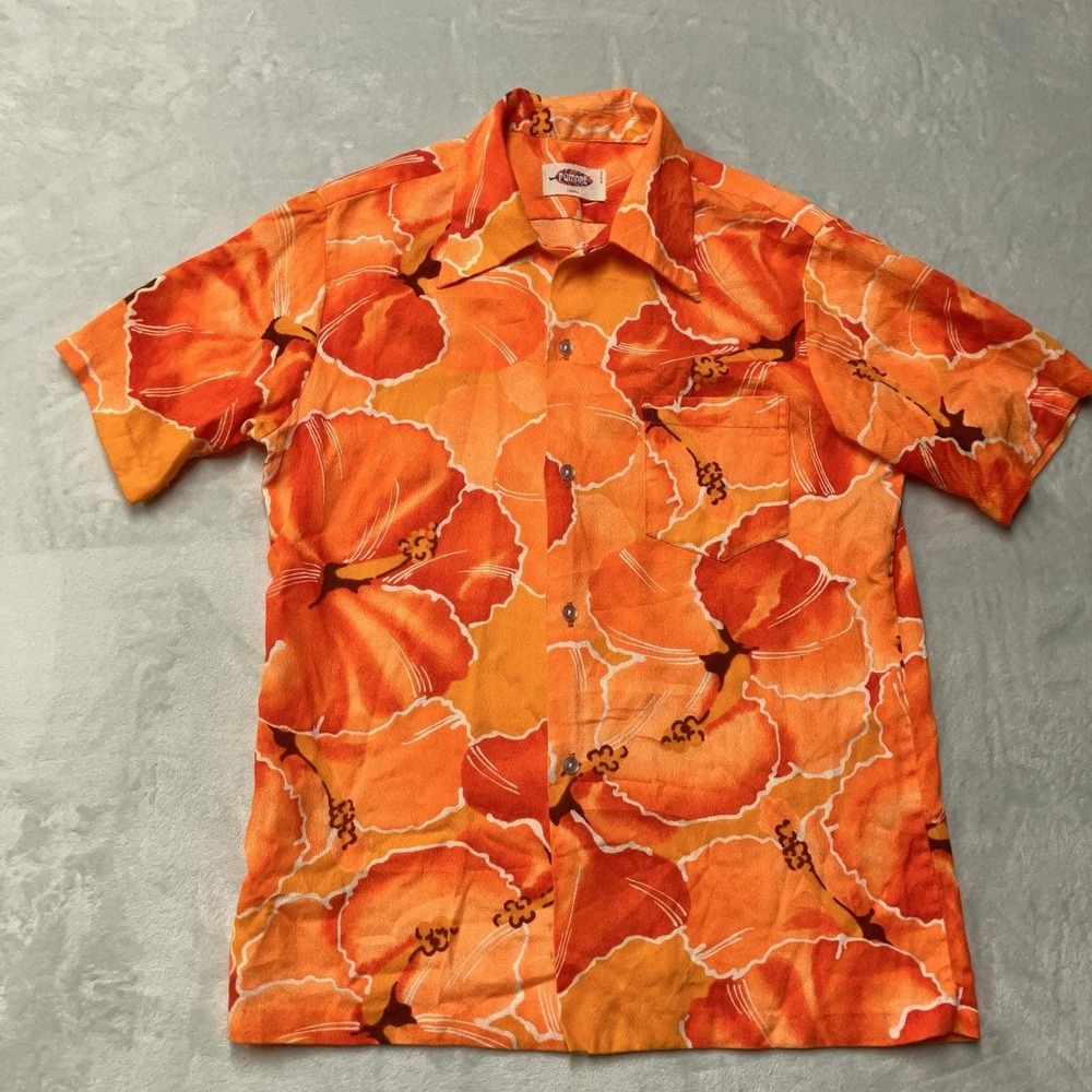 True Vintage 60s 70s Pomare Hawaiian Shirt Barkcloth Orange Hibiscus Aloha Men S